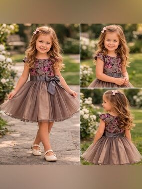 iris & ivy Brown Tulle Dress with Pink Floral Lace Bodice